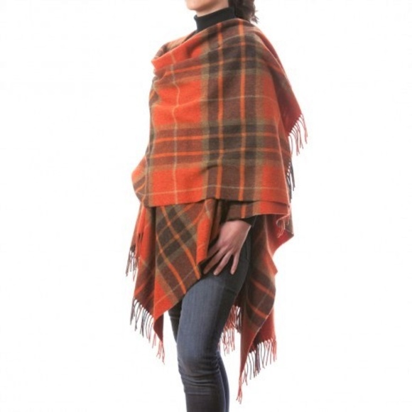 The Shepherd's Knot Accessories - New Made in Ireland Lambs' Wool Wrap Cape Plaid Orange Tan